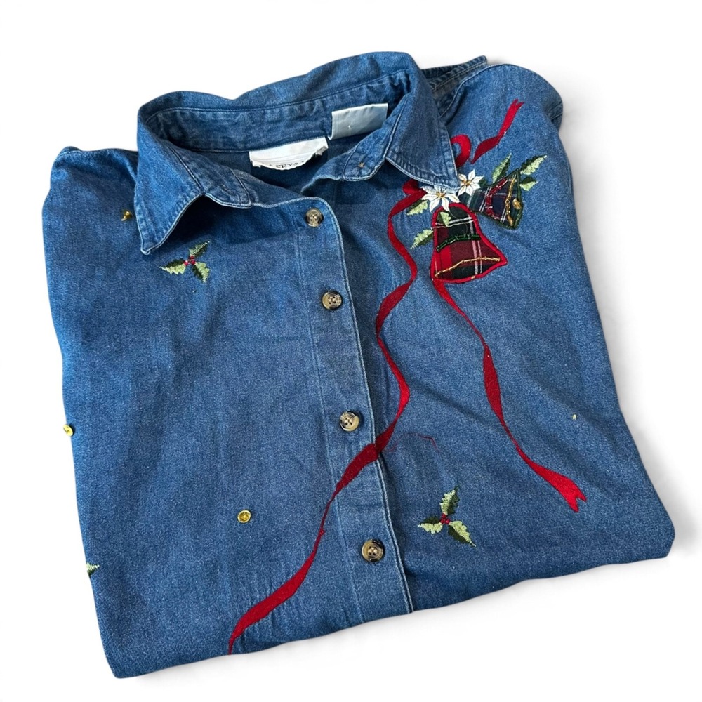 Vintage 90s Casey & Max Denim Christmas Holiday Bells Button Up Shirt Medium M
